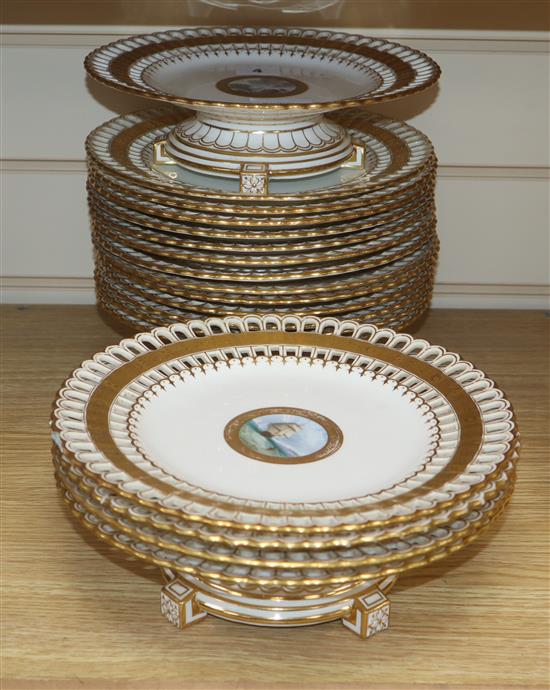 A Minton part dessert service, c.1900, each piece painted with Scottish views